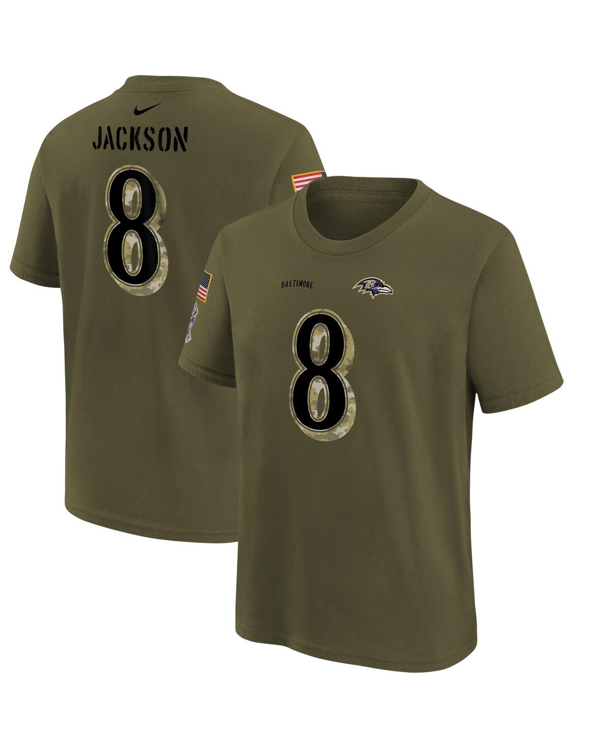 Youth Boys Nike Lamar Jackson Olive Baltimore Ravens 2022 Salute To Service Name and Number T-shirt