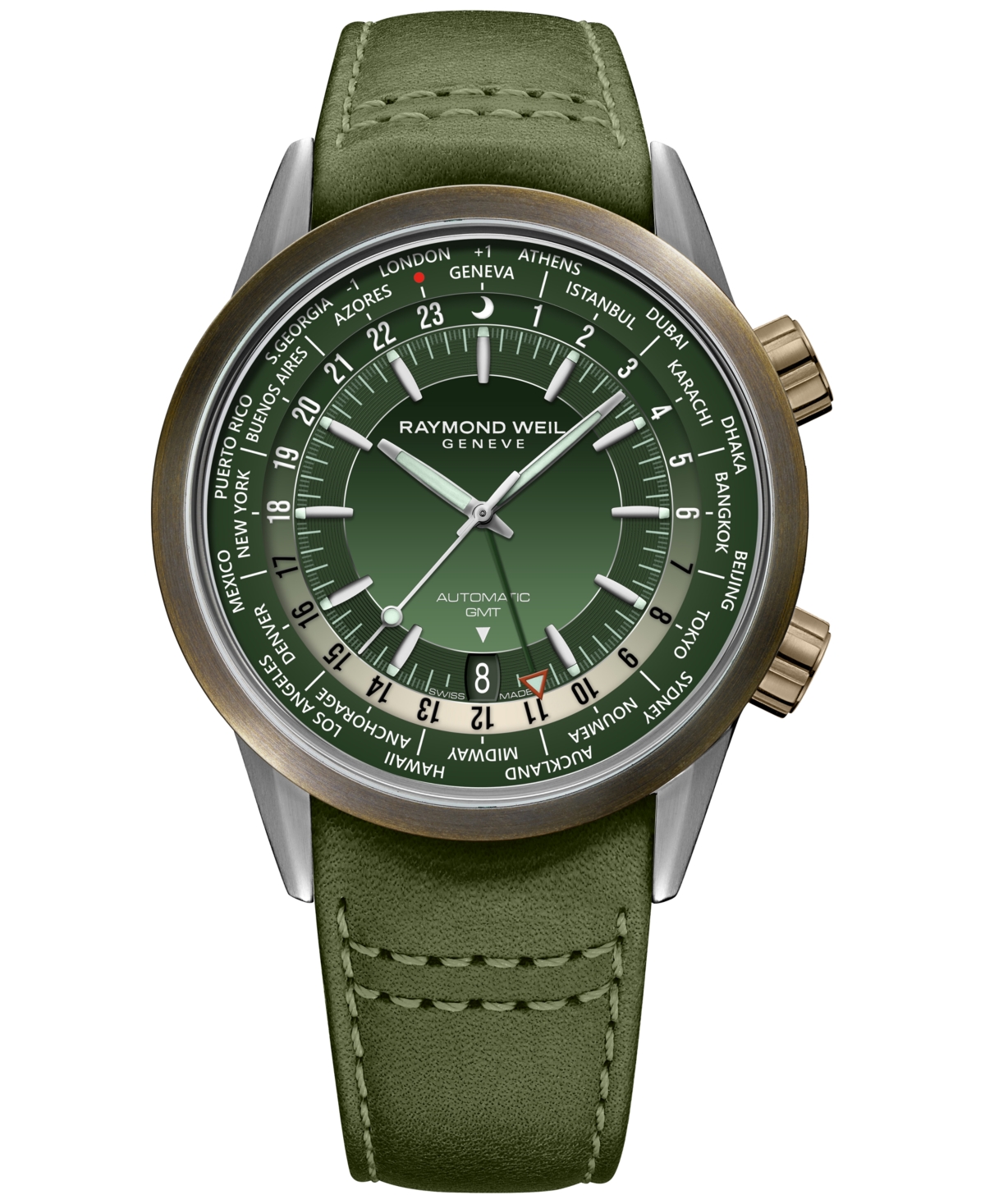 Raymond Weil Men's Swiss Automatic Freelancer Gmt Green Leather Strap Watch 41mm