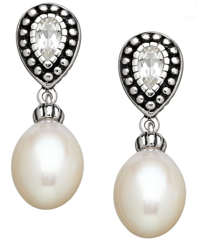 Honora Style Cultured Freshwater Pearl (8mm) and White Topaz (1/10 ct. t.w.) Earrings in Sterling Silver