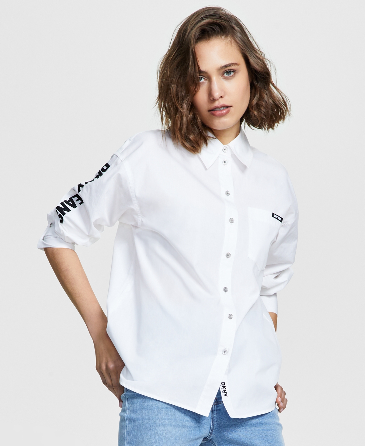 Shop Dkny Jeans Women's Cotton Embroidered-logo Shirt In White