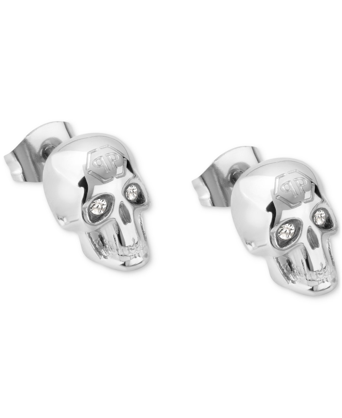 Shop Philipp Plein Stainless Steel Pave 3d $kull Stud Earrings