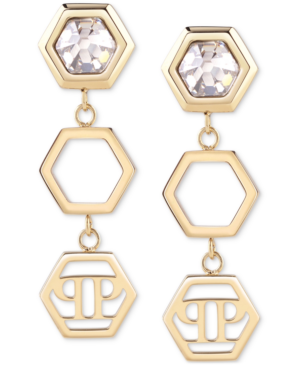 Shop Philipp Plein Gold-tone Ip Stainless Steel Crystal Hexagon Logo Triple Drop Earrings In Ip Yellow Gold