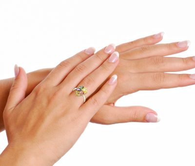 Yellow Gold Plated Multi Colored Cubic Zirconia Heart Setting Ring