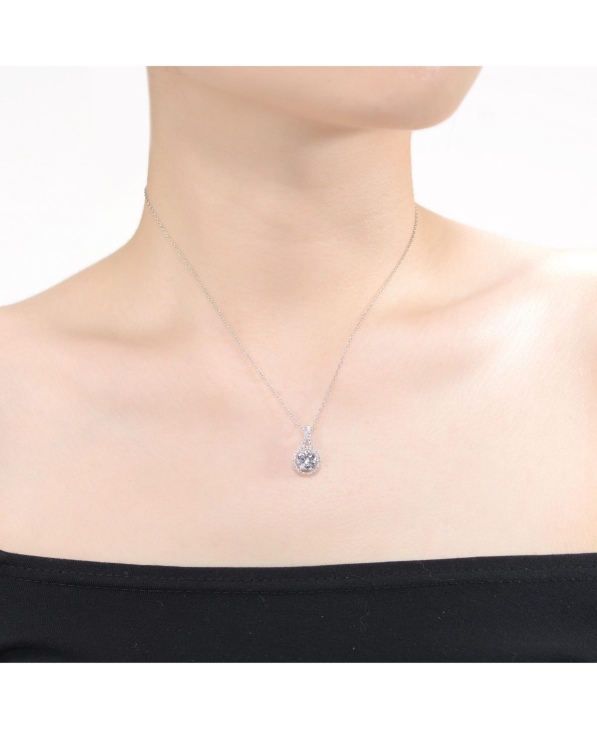 Genevive Sterling Silver with Rhodium Plated Round Cubic Zirconia Drop Pendant Necklace