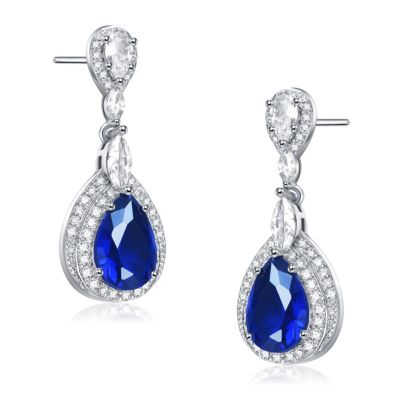 Dazzling Rhodium-Plated Double Halo Dangle Earrings with Clear Pear, Marquise, and Round Cubic Zirconia