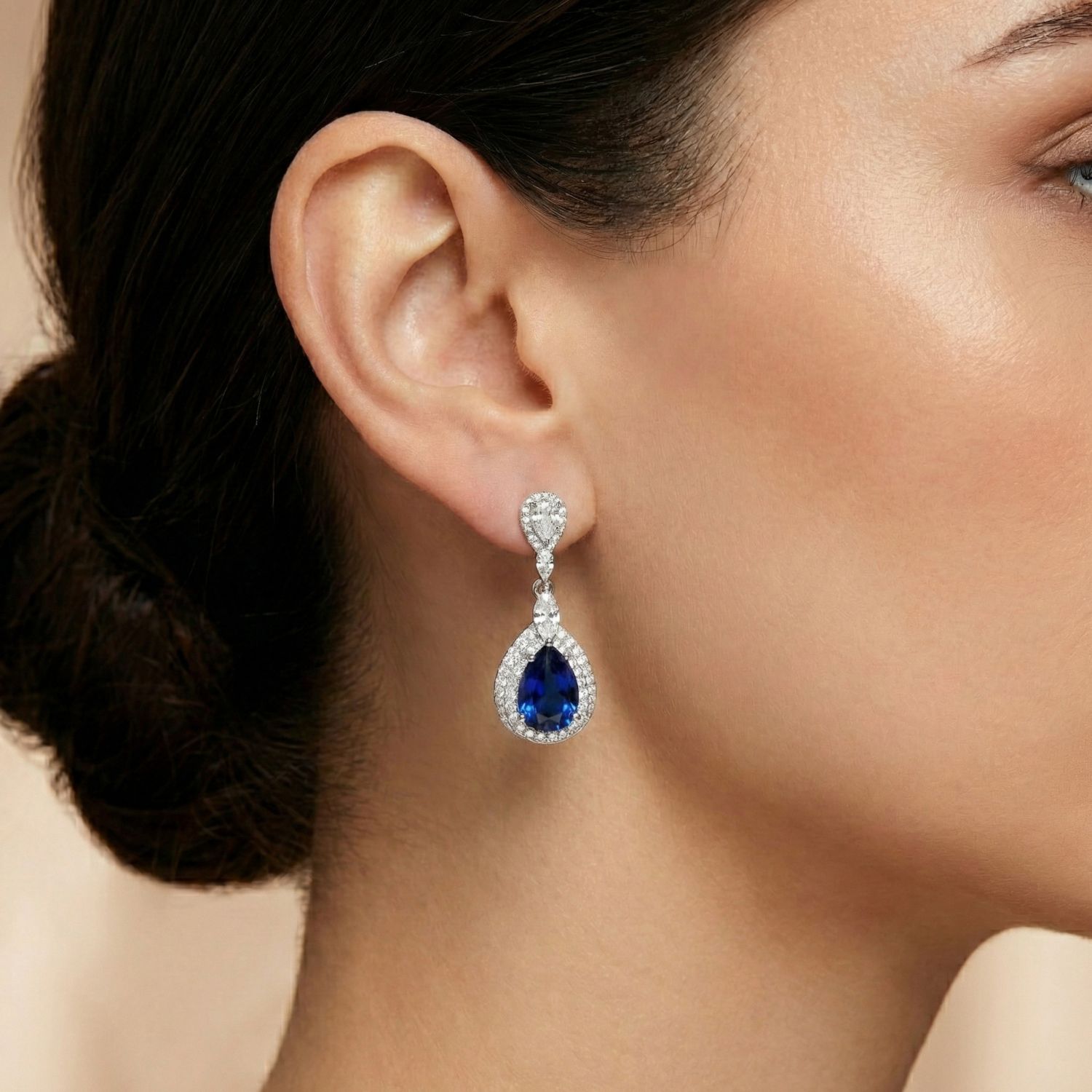 Dazzling White Gold Plated CZ Double Halo Drop Earrings