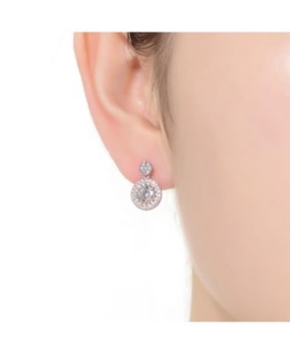 Sterling Silver with Rhodium Plated Clear Round Cubic Zirconia Thick Halo Drop Earrings