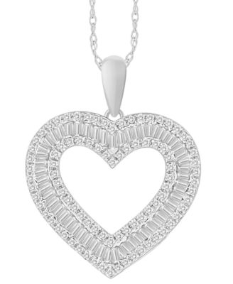 Macy's - Diamond Round & Baguette Open Heart 18" Pendant Necklace (1/2 ct. t.w.) in 10k White Gold