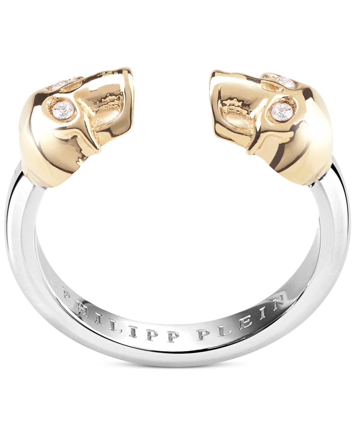 Philipp Plein Two-tone Stainless Steel Pave 3d $kull Cuff Ring In Gold/silver