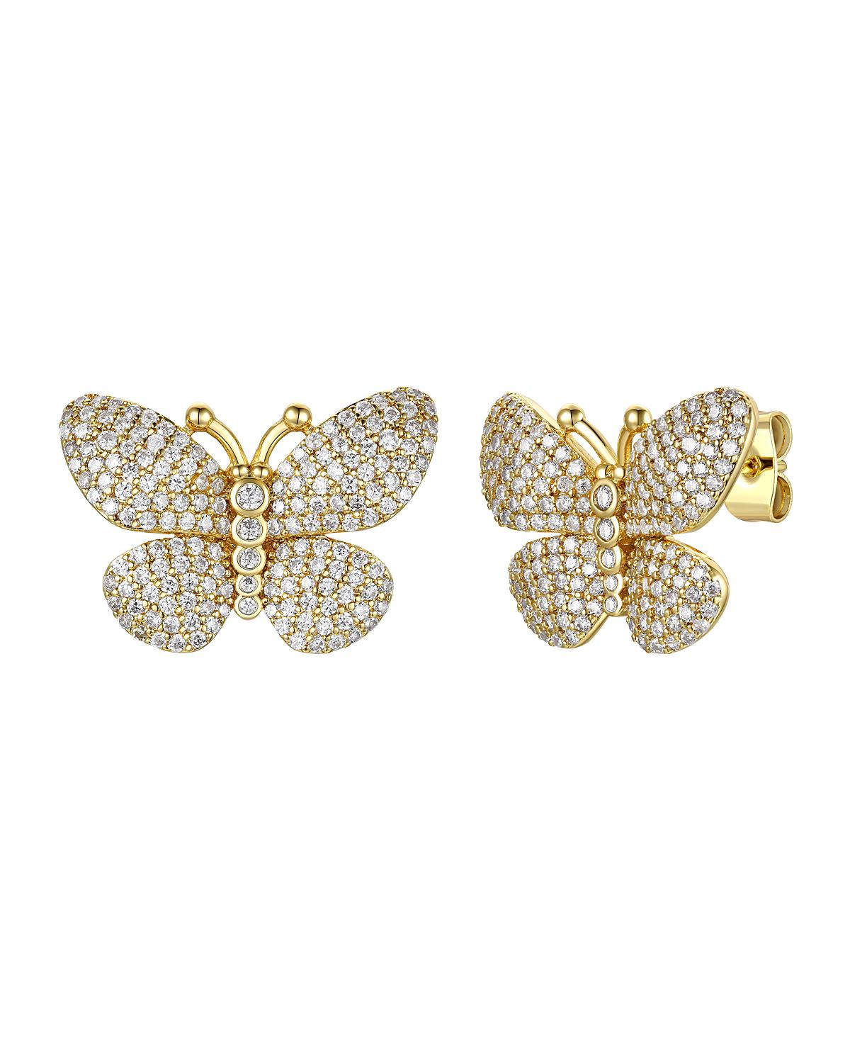Rachel Glauber 14k Gold Plated With Diamond Cubic Zirconia French Pave Butterfly Stud Earrings In White
