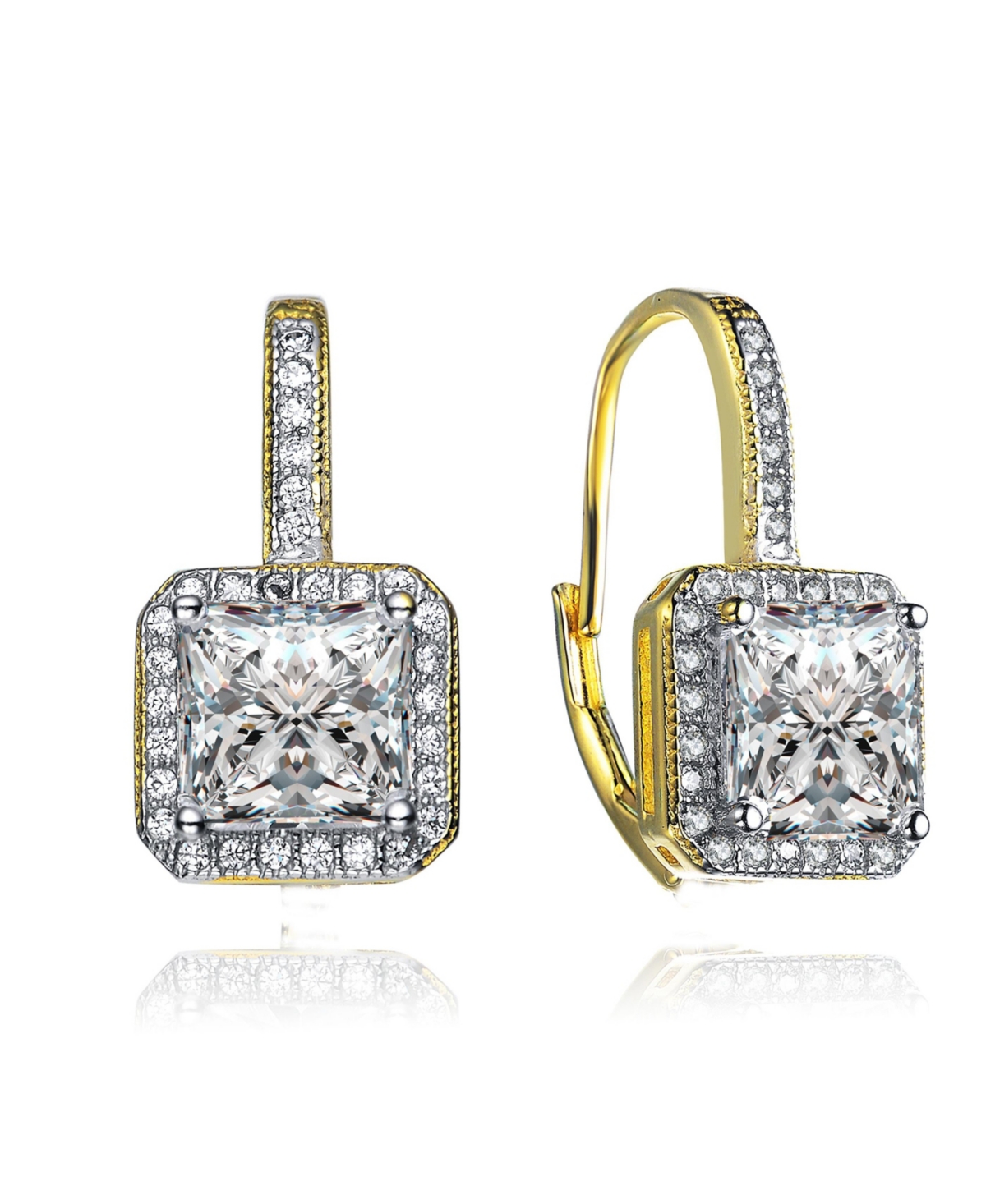 Radiant 14K Gold-Plated Halo Leverback Earrings with Cubic Zirconia - Gold