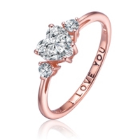 Genevive Romantic Sterling Silver 'I Love You' Ring with 18K Rose Gold Plating and Three-Stone Heart & Round Cubic Zirconia's -