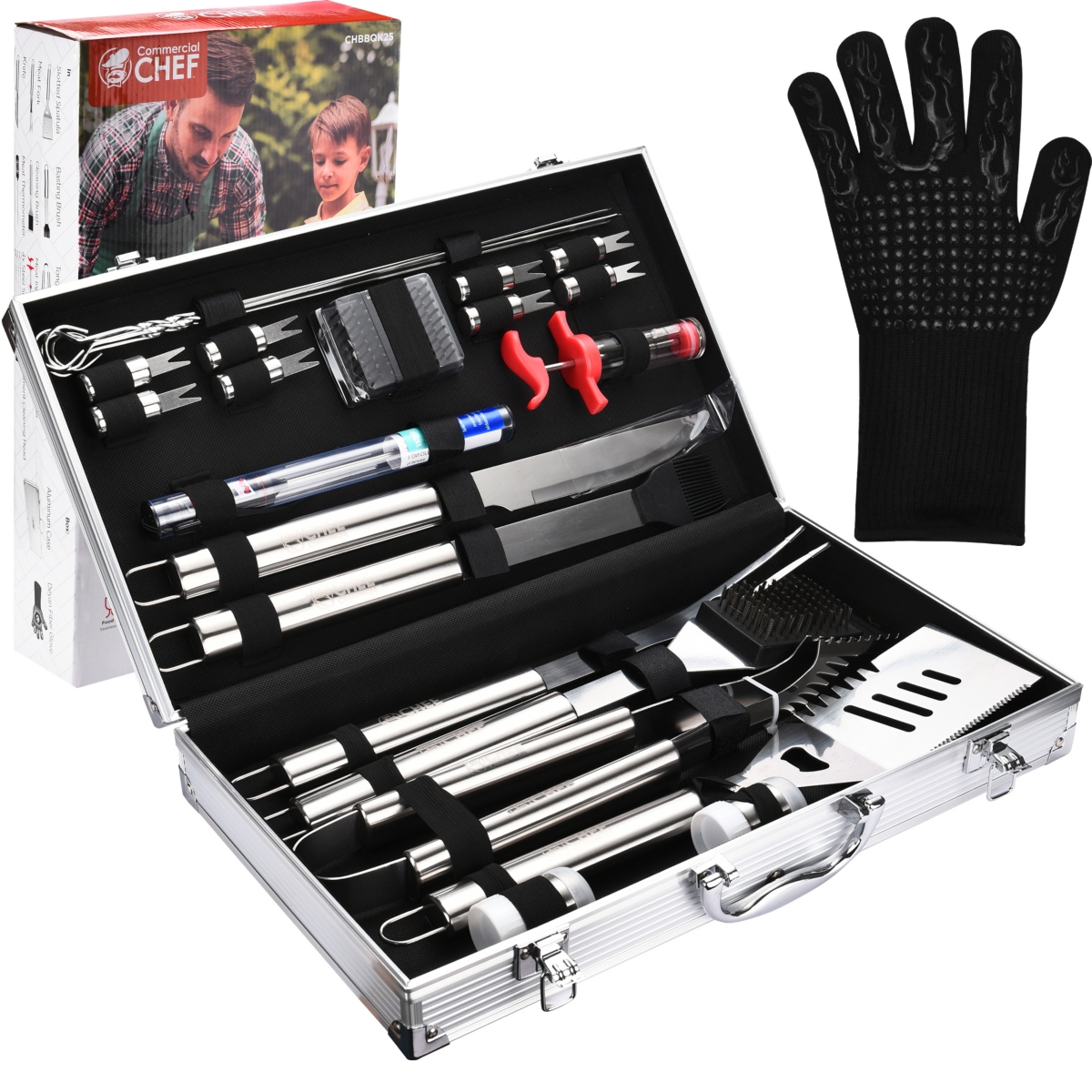 Premium 25 Piece Stainless Steel Barbeque Grill Tool Set with Aluminum Hard Case