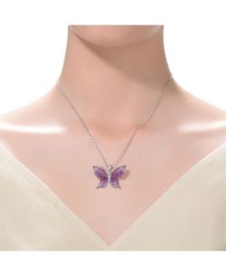 Sterling Silver with Rhodium and Black Plated Red Cubic Zirconia Butterfly Pendant Necklace