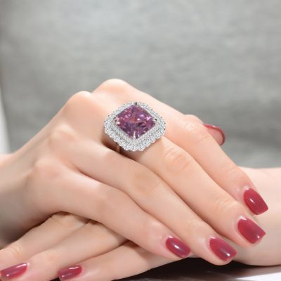 Sterling Silver White Gold Plated Pink Ascher Cubic Zirconia with Clear Round Cubic Zirconia's Double Halo Cocktail Ring