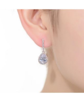 Sterling Silver with Rhodium Plated Clear Pear and Round Cubic Zirconia Halo Linear Drop Earrings