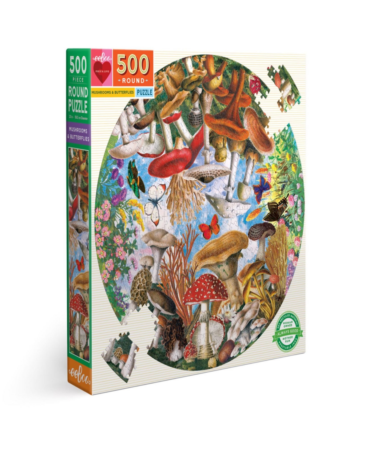 Eeboo Piece And Love Mushrooms And Butterflies Round Circle Jigsaw Puzzle Set, 500 Pieces In Multi