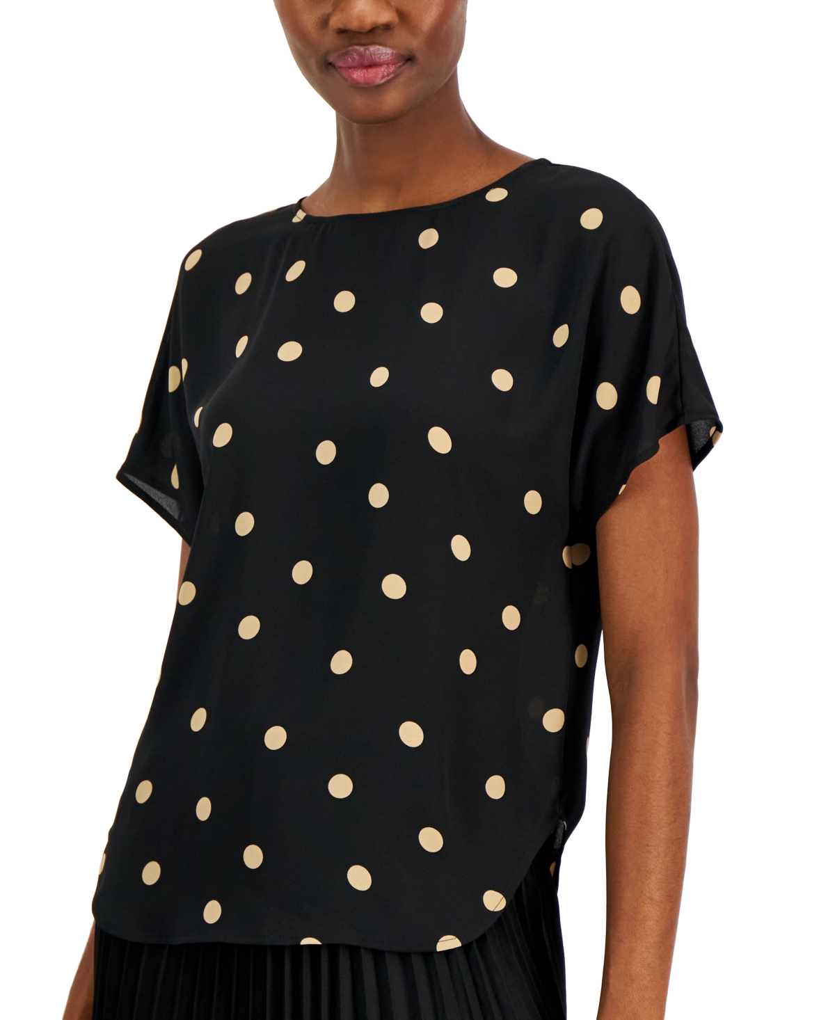 Anne Klein Petite Boat-Neck Short-Sleeve Blouse -Latte