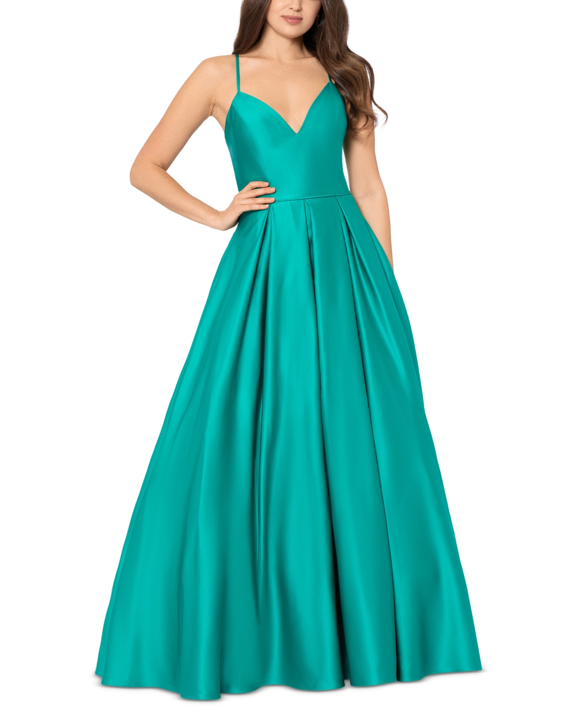 Blondie Nites Juniors' Lamour V-Neck Lace-Up Ball Gown, Created for Macy's