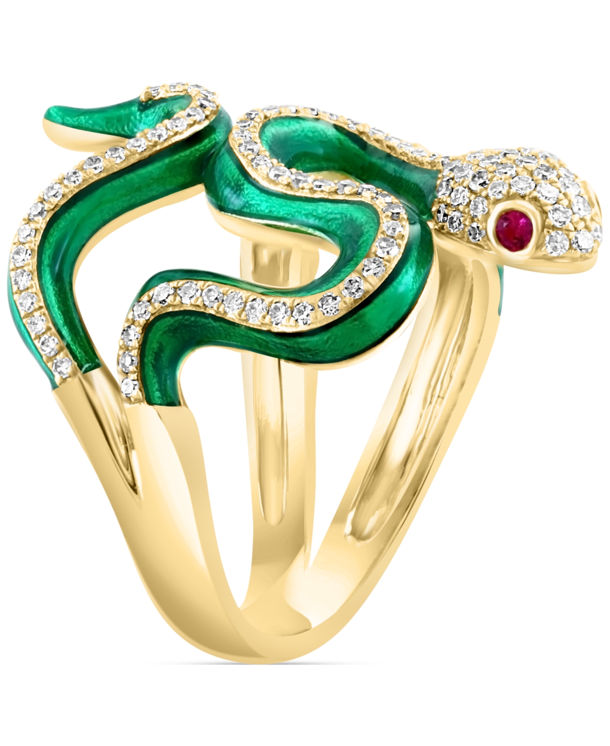 Effy Diamond (3/8 ct. t.w.) & Ruby Accent Enamel Snake Ring in 14k Gold - 14K Gold