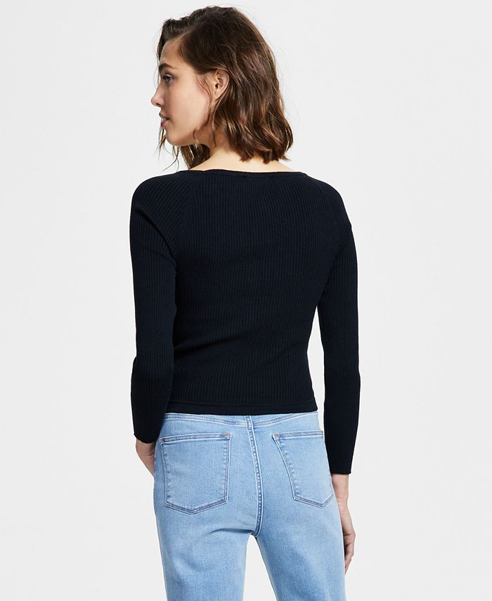 DKNY Jeans Women's Surplice-Neck Ribbed Long-Sleeve Top - Macy's