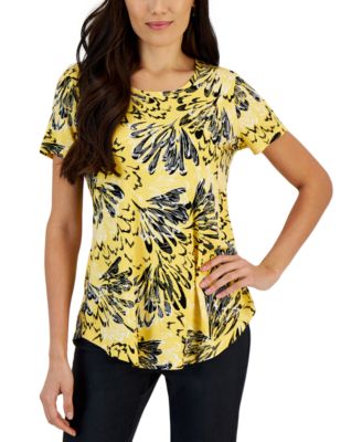 JM Collection - Women's Feather Sketch Printed Relaxed Top