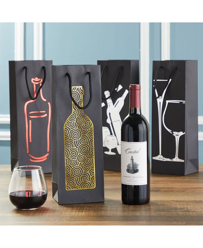 Juvale 12 Pack Black Wine Bottle Gift Bags with Handles, 4 Elegant