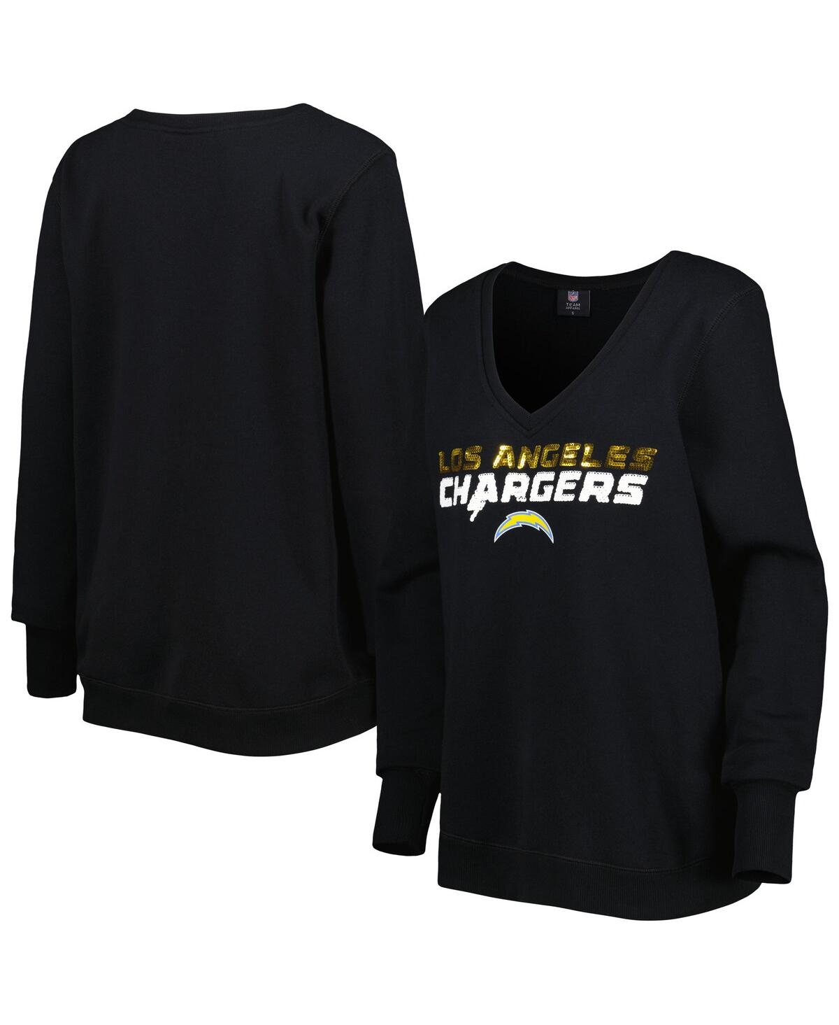 CUCE WOMEN'S CUCE BLACK LOS ANGELES CHARGERS SEQUIN LOGO V-NECK PULLOVER SWEATSHIRT