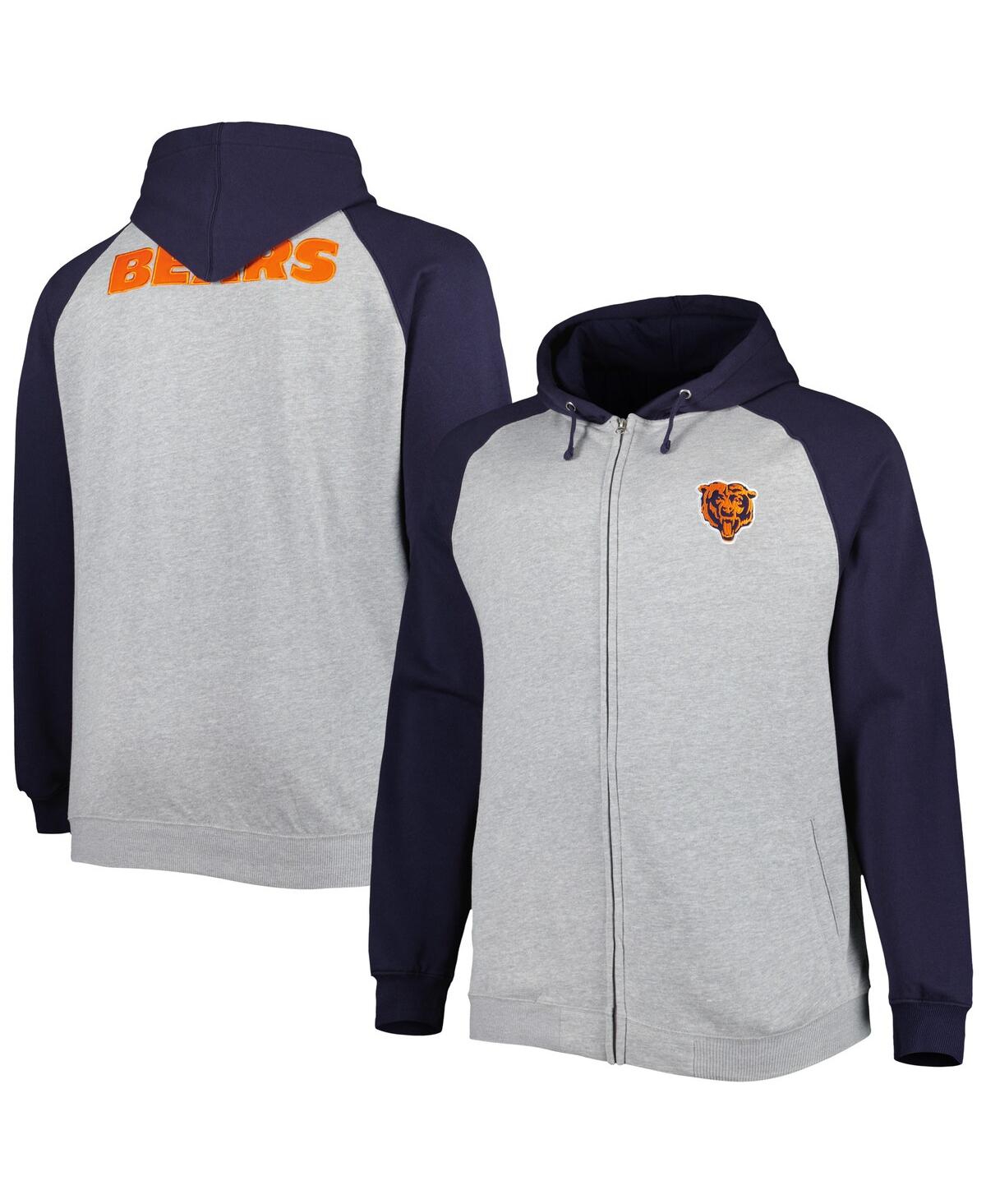 PROFILE MEN'S HEATHER GRAY CHICAGO BEARS BIG AND TALL FLEECE RAGLAN FULL-ZIP HOODIE JACKET 