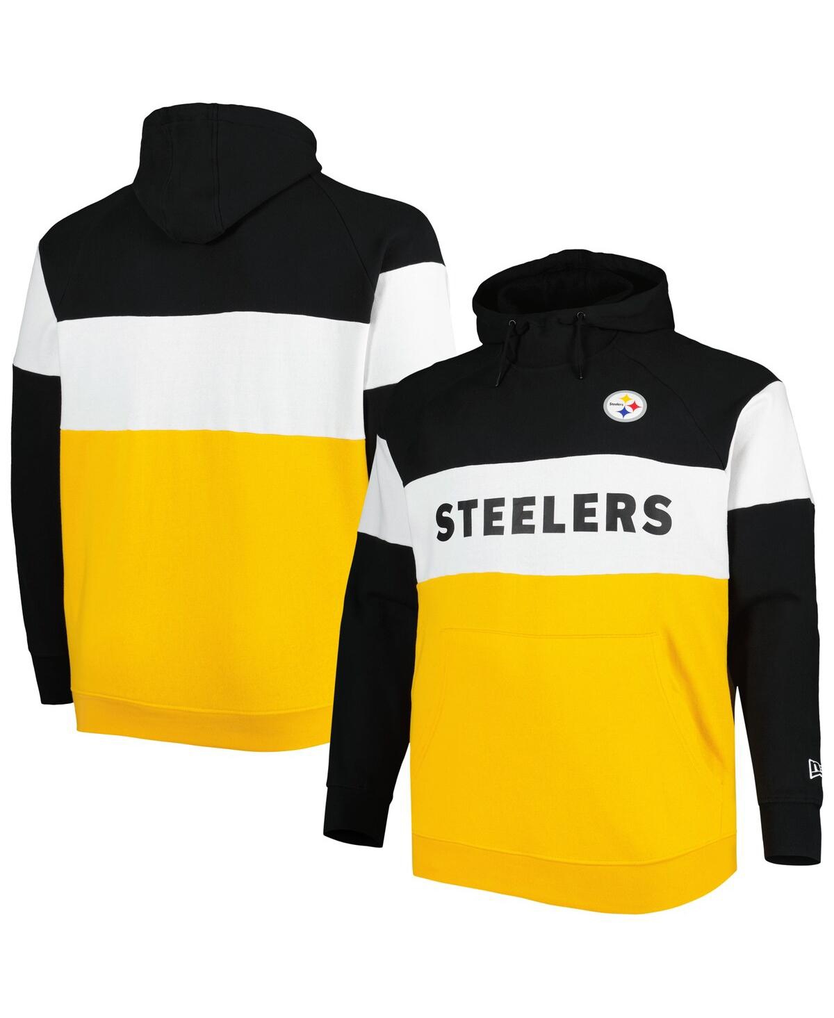 NEW ERA MEN'S NEW ERA GOLD AND BLACK PITTSBURGH STEELERS BIG AND TALL CURRENT COLORBLOCK RAGLAN FLEECE PULLO 