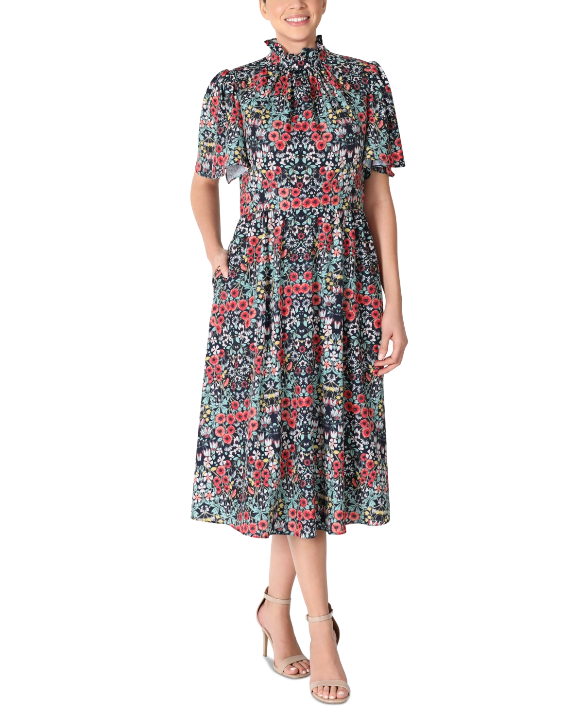 Shop Julia Jordan Floral-print Mock-neck Fit & Flare Dress In Navy Multi
