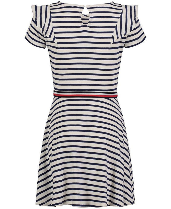 Tommy Hilfiger Big Girls Ruffle Trim Striped Fit and Flare Jersey Dress