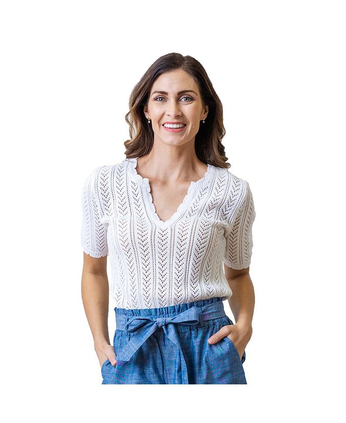 Hope & Henry Women's Organic Cotton Short Sleeve VNeck Pointelle