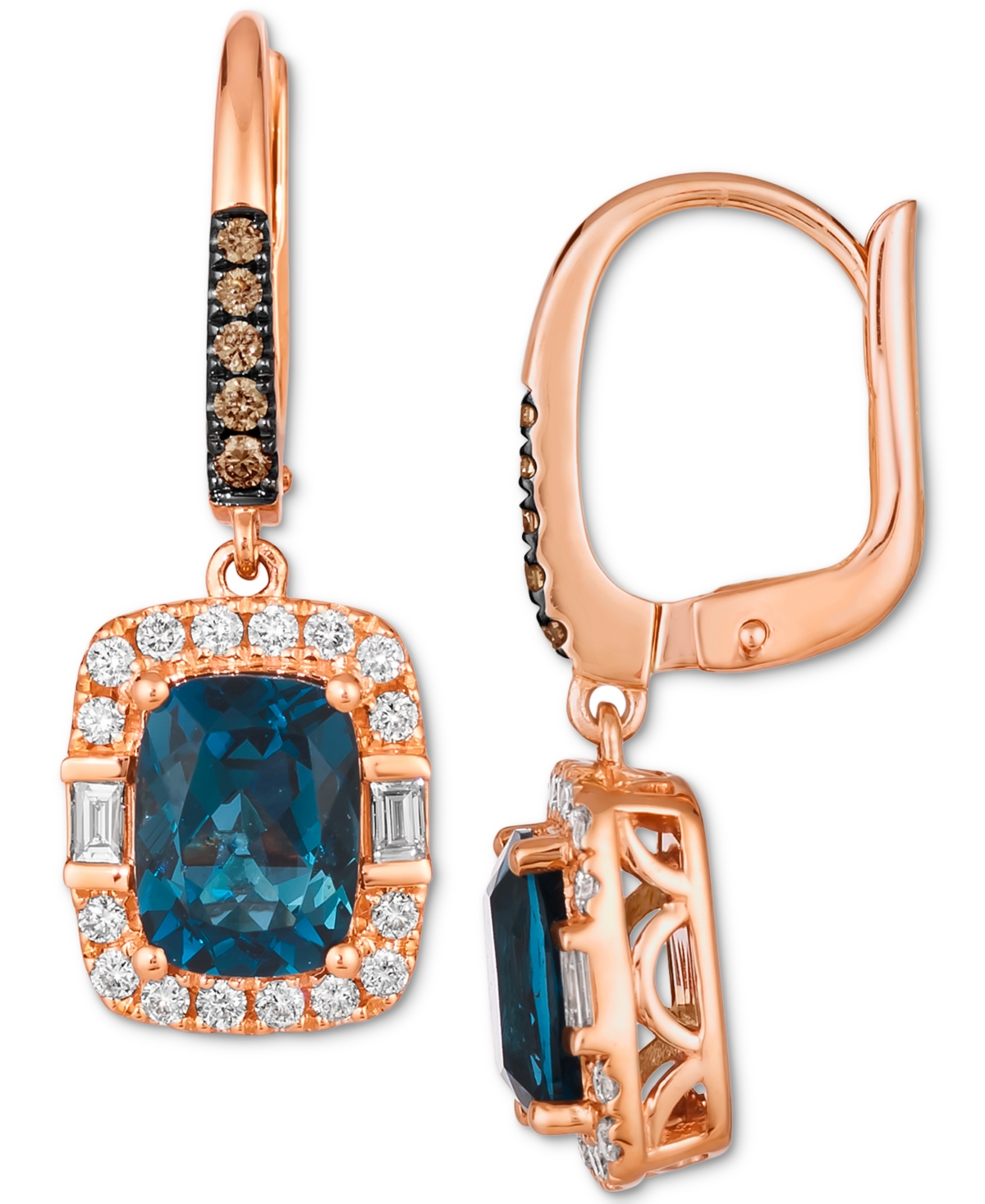 Le Vian Chocolatier Deep Sea Blue Topaz (2-1/2 ct. t.w.) & Diamond (1/2 ct. t.w.) Drop Earrings in 14k Rose Gold