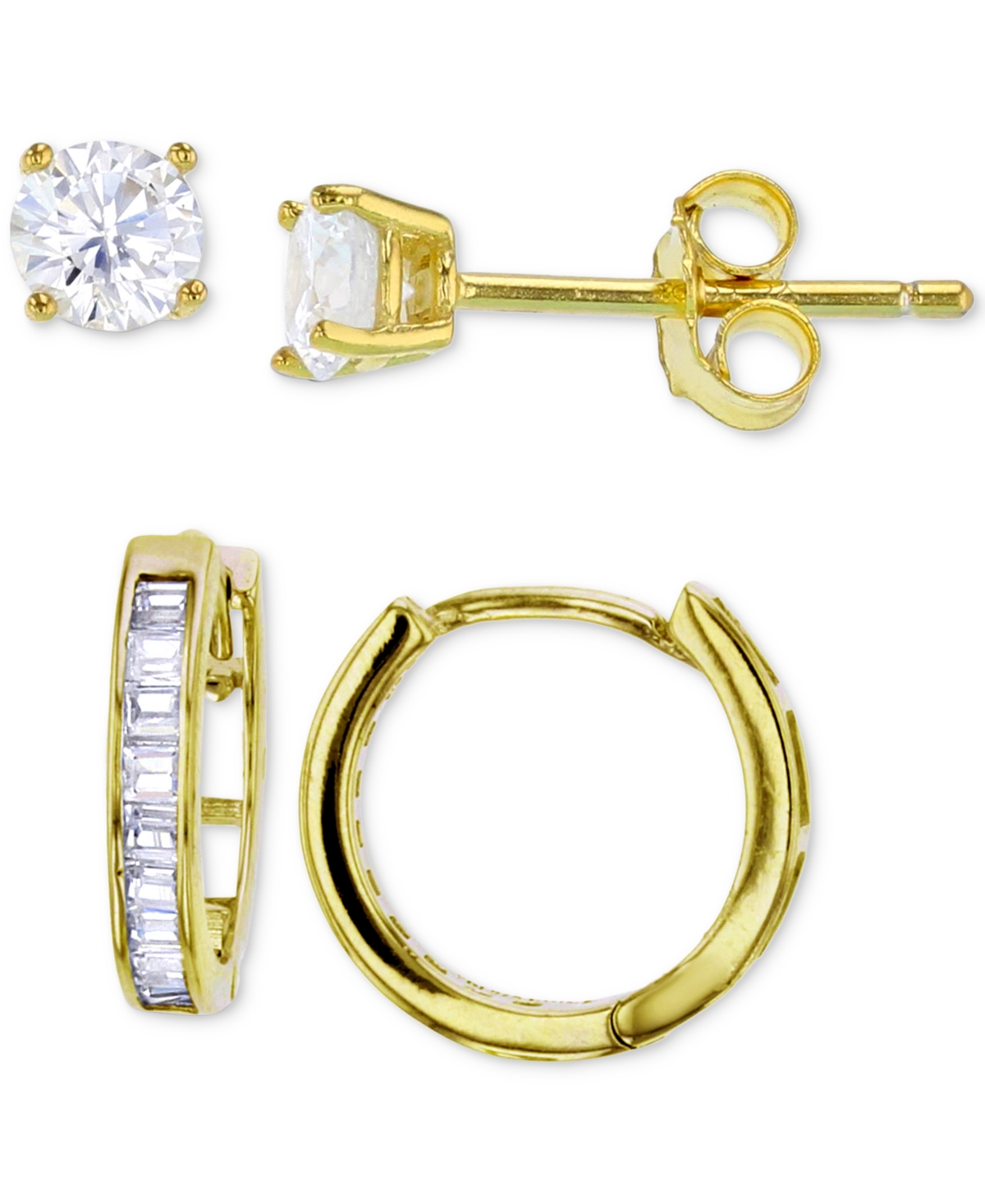 Macy's 2-pc. Set Cubic Zirconia Stud & Baguette Huggie Hoop Earrings In 14k Gold-plated Sterling Silver In Gold Over Silver