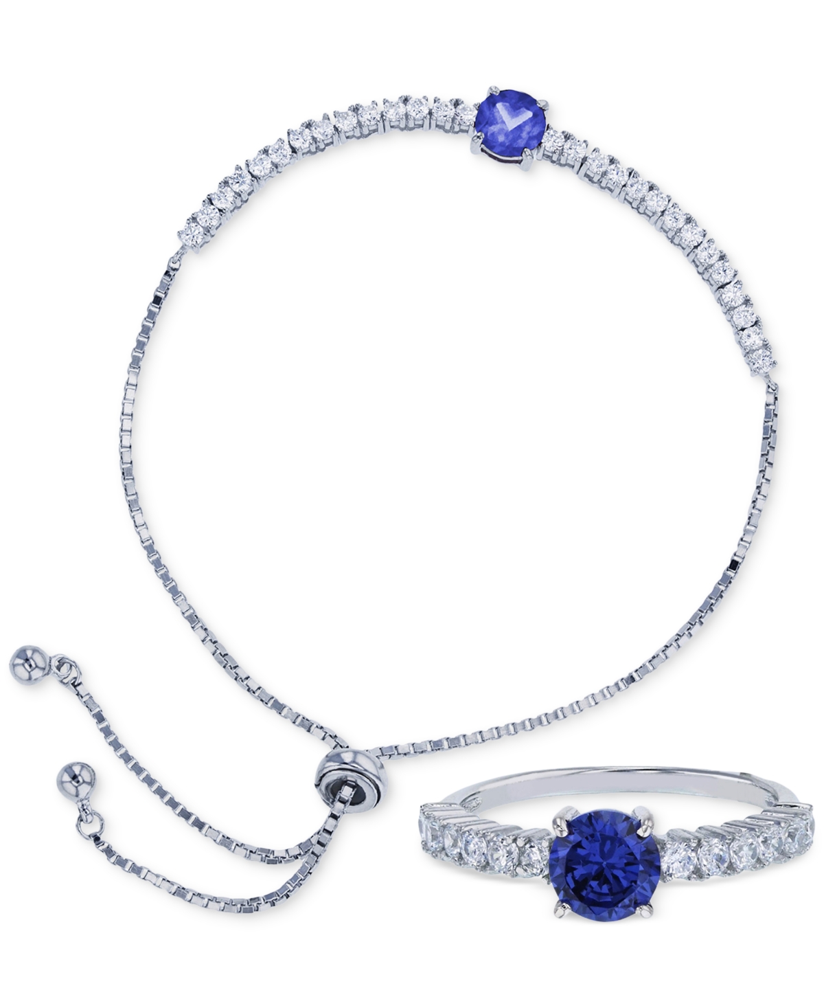 Macy's 2-pc. Set Blue & White Cubic Zirconia Ring & Bolo Bracelet In Sterling Silver