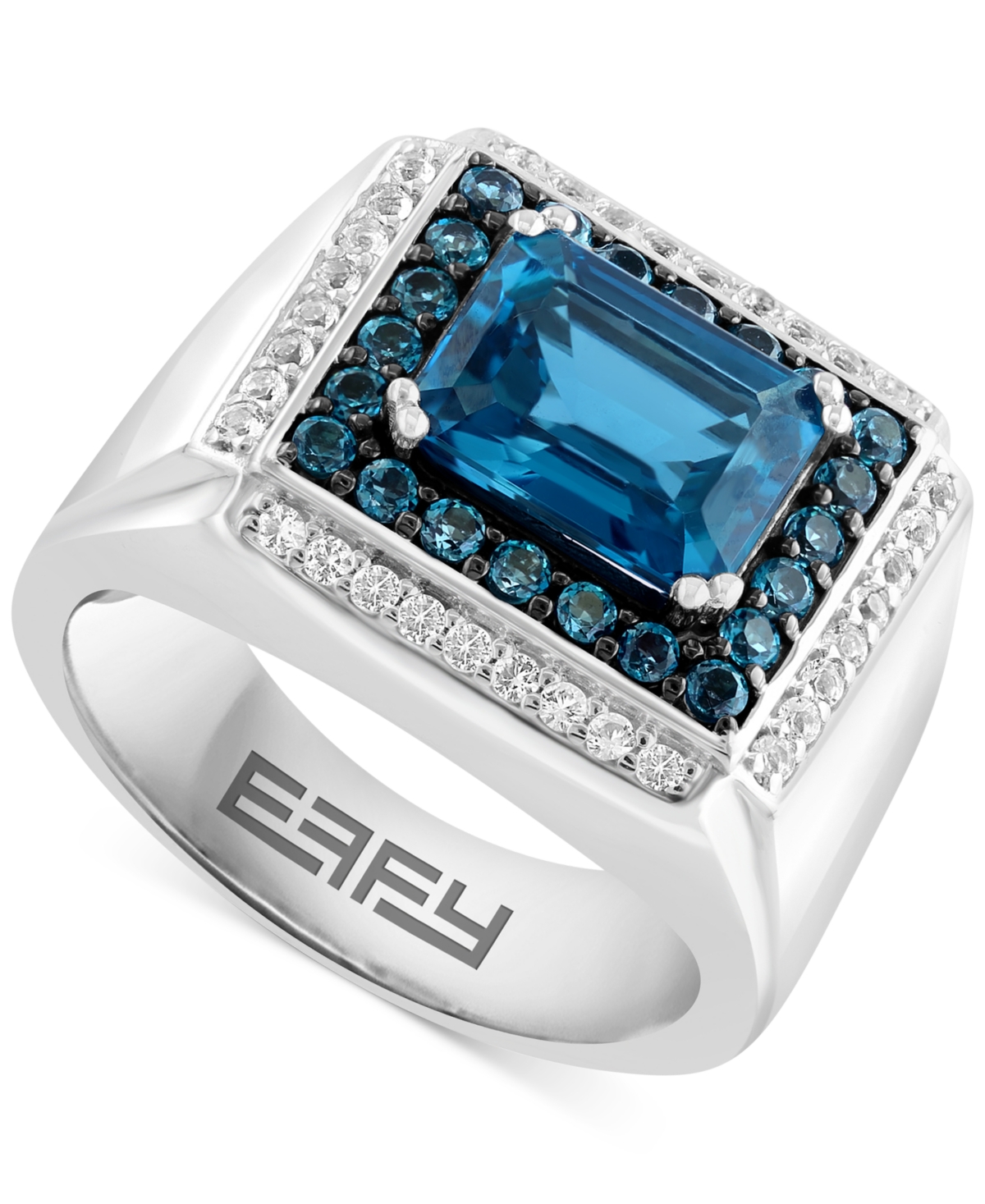 Effy Collection Effy Men's London Blue Topaz (4-1/2 Ct. T.w.) & White Topaz (1/3 Ct. T.w.) Rectangular Halo Ring In In Sterling Silver