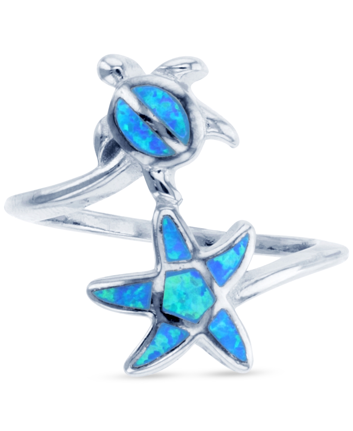Macy's Lab-grown Opal Inlay Star & Turtle Bypass Ring In Sterling Silver In Blue Opal