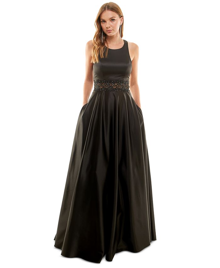 City Studios Juniors' Scoop-Neck Sleeveless Illusion-Detail A-Line Gown ...