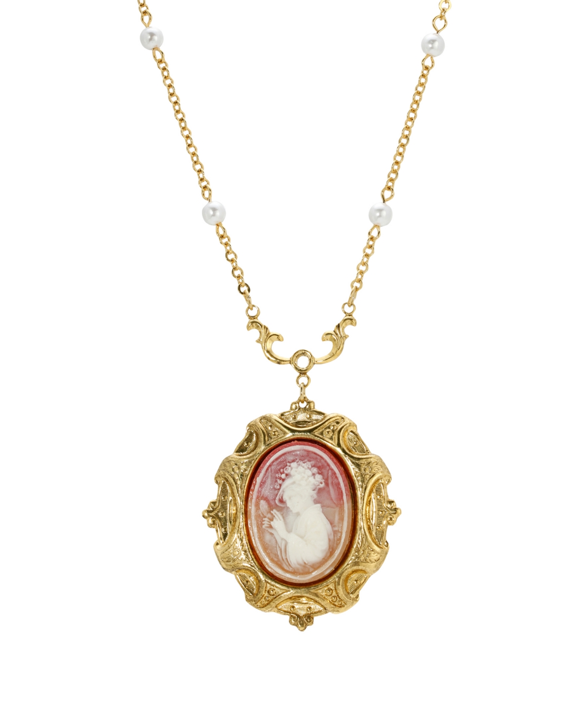 2028 14k Gold Plated Cameo Imitation Pearl Necklace In Pink