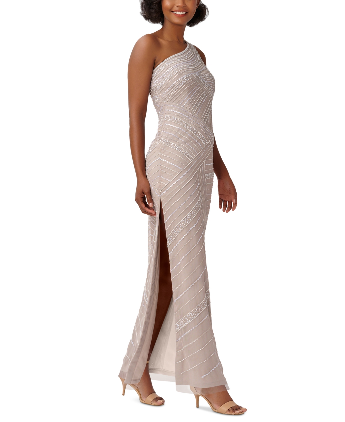 Adrianna Papell Petite Beaded One-shoulder Gown In Marble