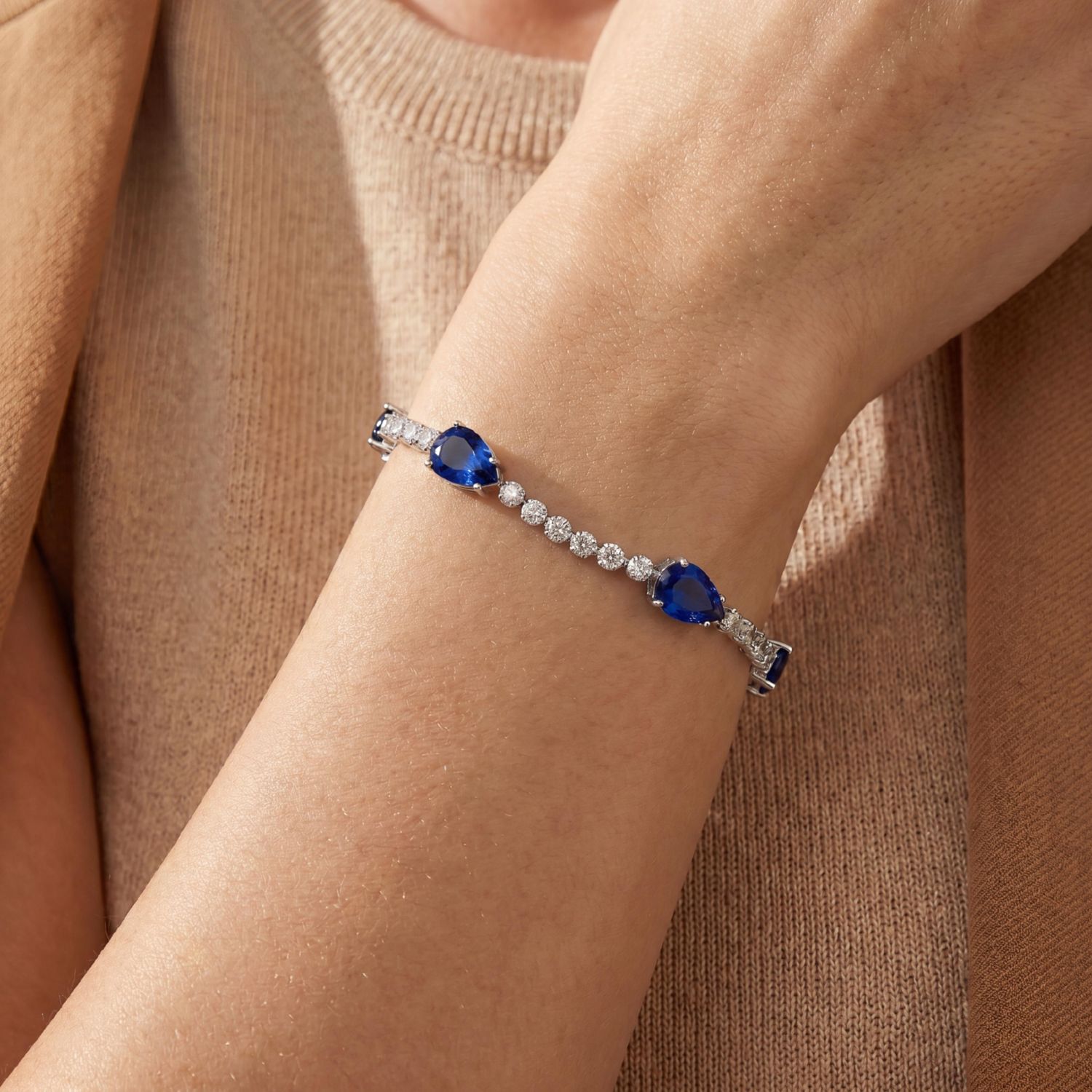 White Gold Plated with Colored Pear Cubic Zirconia Tennis Bracelet