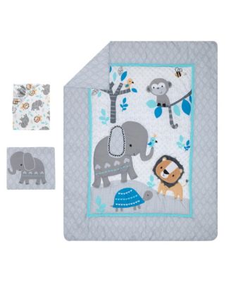 Baby Jungle Fun Gray/Blue/White Elephant, Lion and Monkey 3-Piece Nursery Crib Bedding Set
