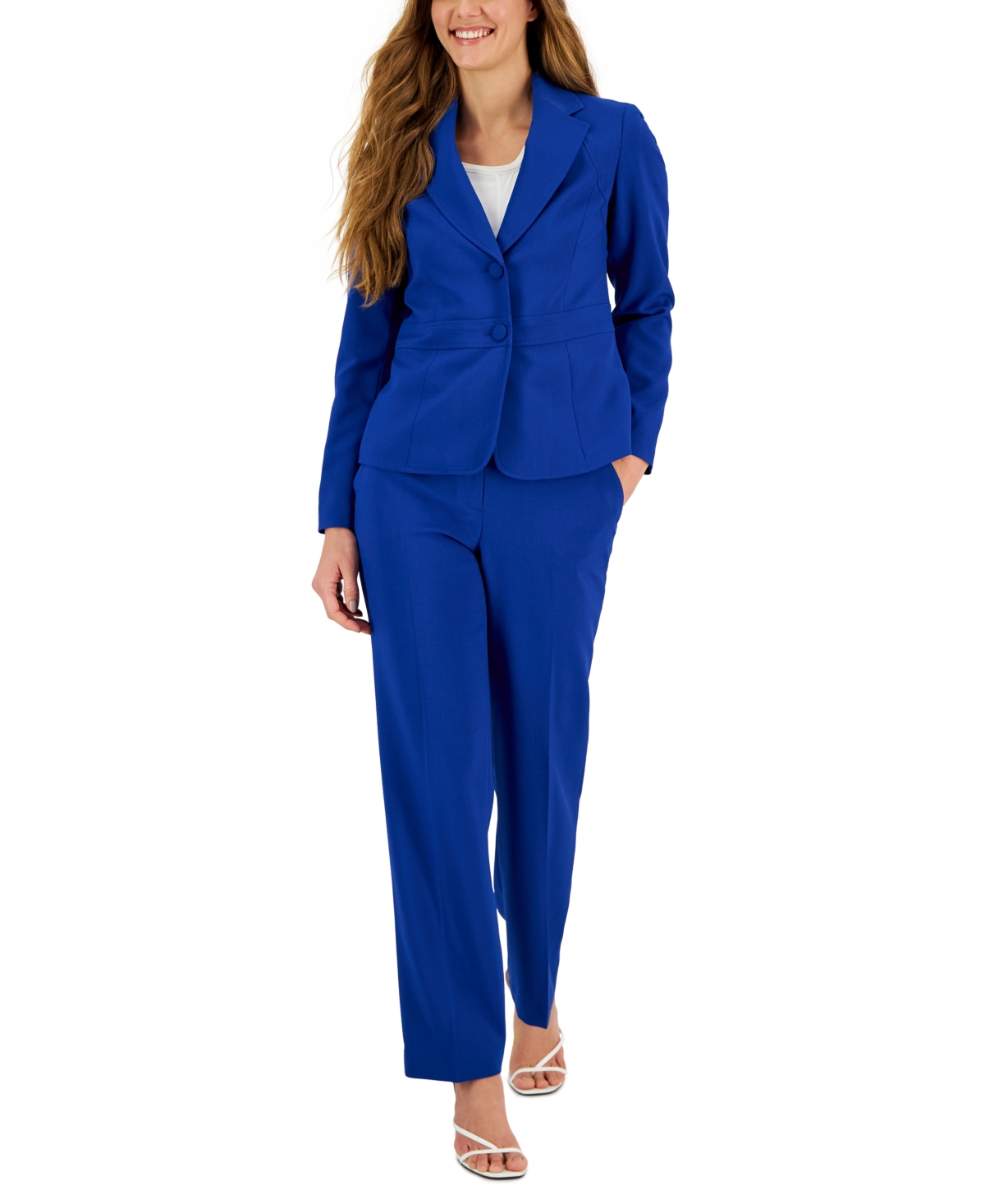 Le Suit Crepe Two-button Blazer & Pants, Regular And Petite Sizes In Celeste Blue