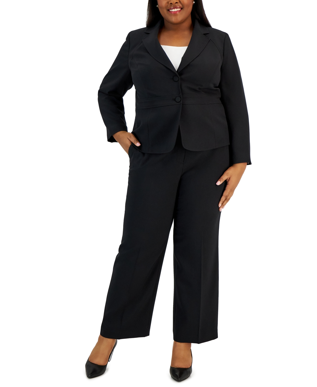 Le Suit Plus Size Crepe Two-button Blazer Pantsuit In Black