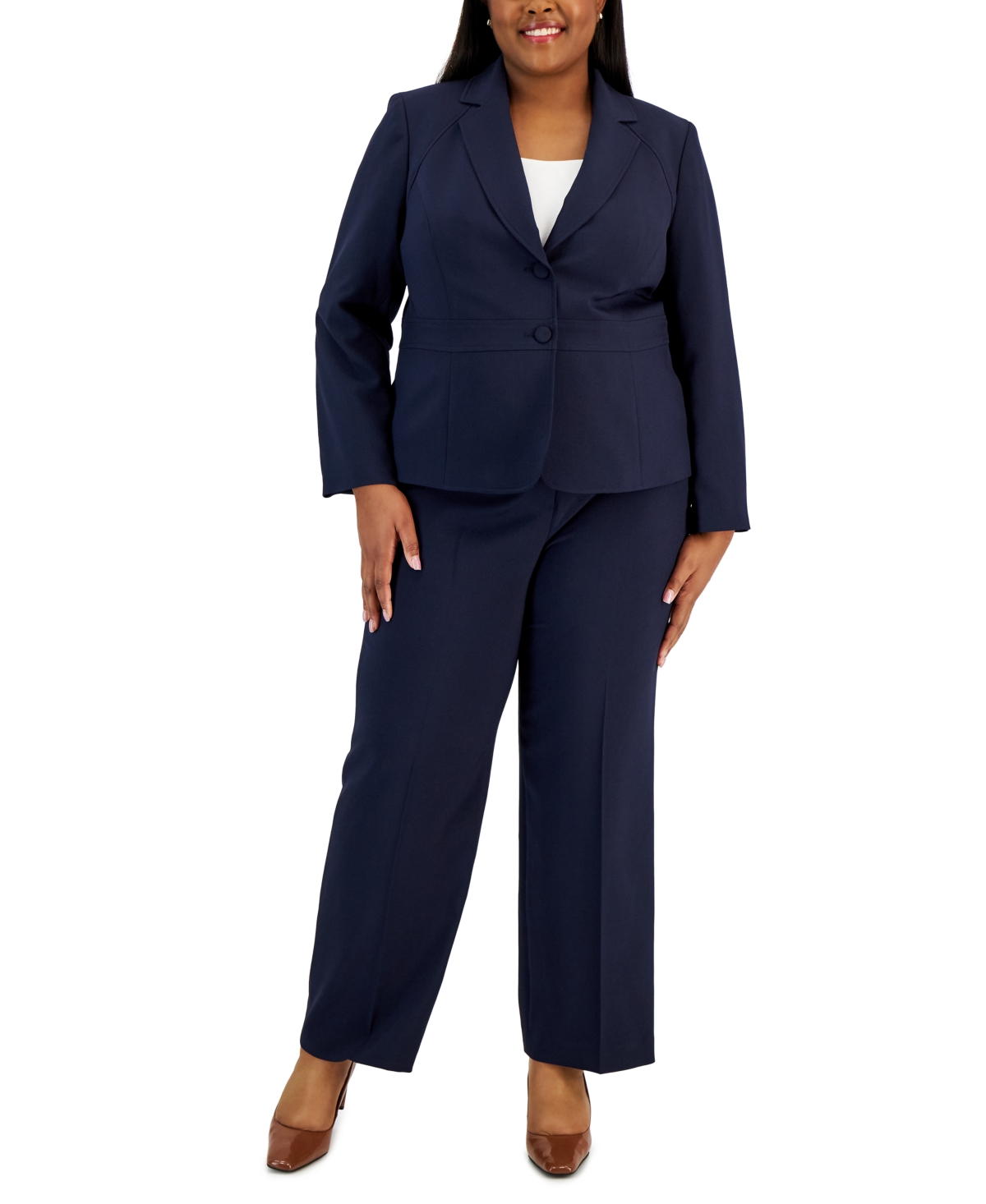 Le Suit Plus Size Crepe Two-button Blazer Pantsuit In Navy