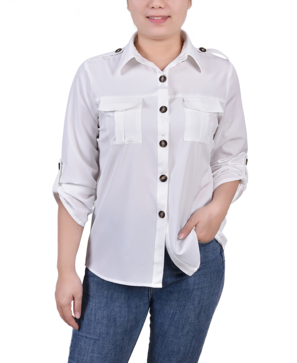Shop Ny Collection Women's 3/4 Sleeve Roll Tab Blouse In White