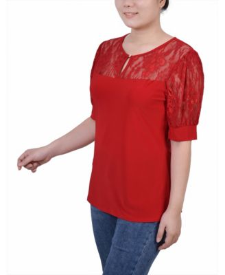 Women's Short Puff Sleeve Top with Lace Sleeves and Yoke