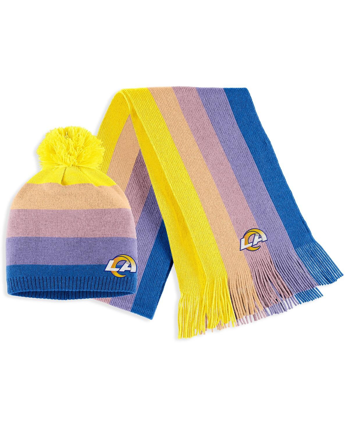 Shop Wear By Erin Andrews Women's  Gold Los Angeles Rams Ombre Pom Knit Hat And Scarf Set