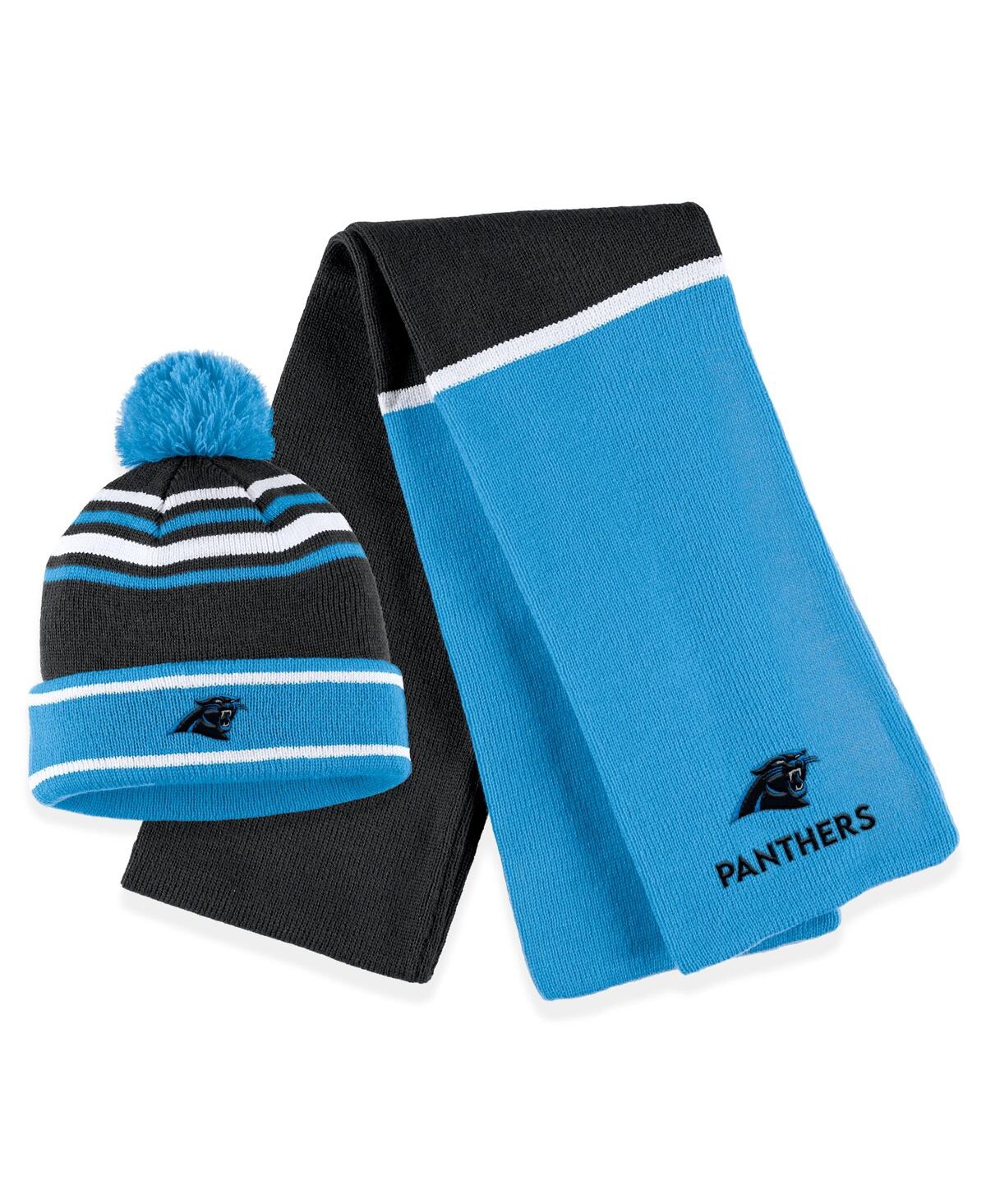 Shop Wear By Erin Andrews Women's  Blue Carolina Panthers Colorblock Cuffed Knit Hat With Pom And Scarf Se